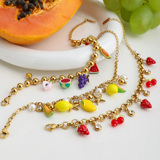 Stainless Steel 18K Gold Plated Fruity Charms Bracelet