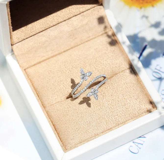 Elegant 925 Sterling Silver Zircon Double Butterfly Ring