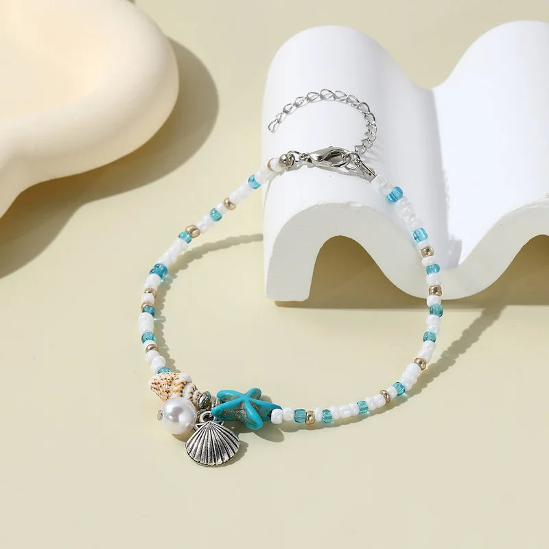 Shell Starfish Boho Anklet | Handmade Rice Beads Bracelet