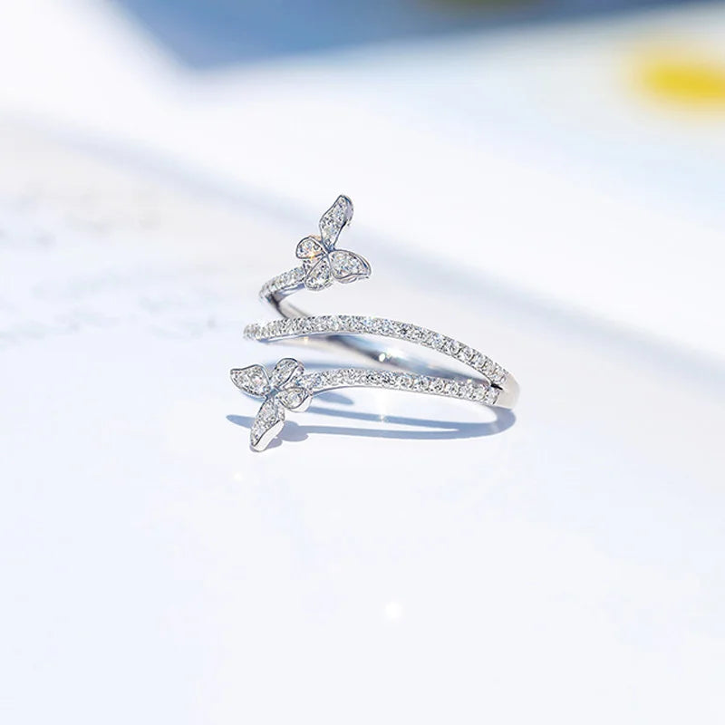 Elegant 925 Sterling Silver Zircon Double Butterfly Ring