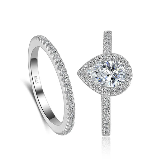 925 Sterling Silver Teardrop Zircon CZ Engagement & Wedding Ring Set