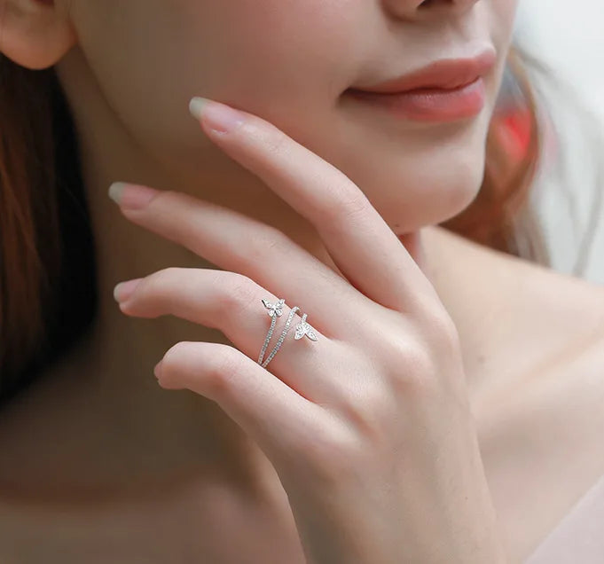 Elegant 925 Sterling Silver Zircon Double Butterfly Ring