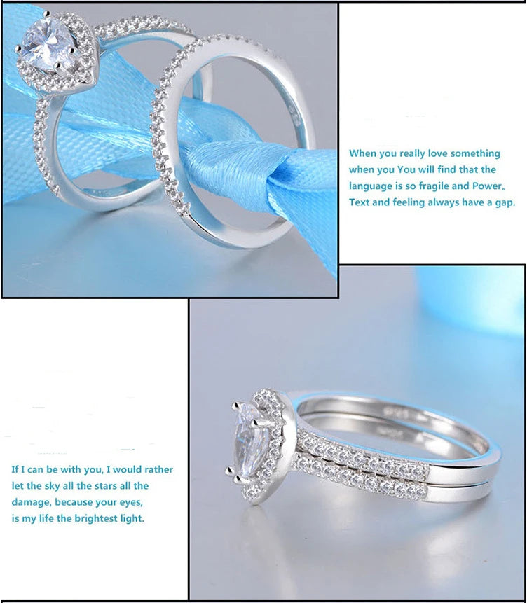 925 Sterling Silver Teardrop Zircon CZ Engagement & Wedding Ring Set