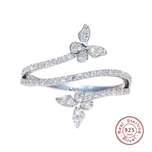 Elegant 925 Sterling Silver Zircon Double Butterfly Ring
