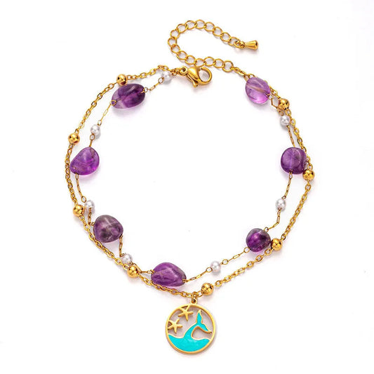 316L Stainless Steel Colorful Stone Fishtail Round Card Pendant Anklet