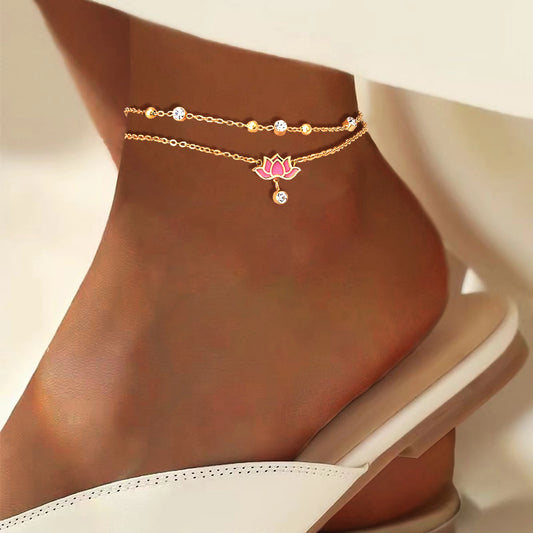 Multi layer zirconia stainless steel chain white pink lotus pendant