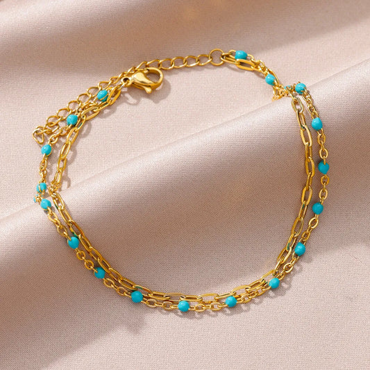 Blue Beads Vintage Anklet | Stainless Steel Summer Beach Jewelry