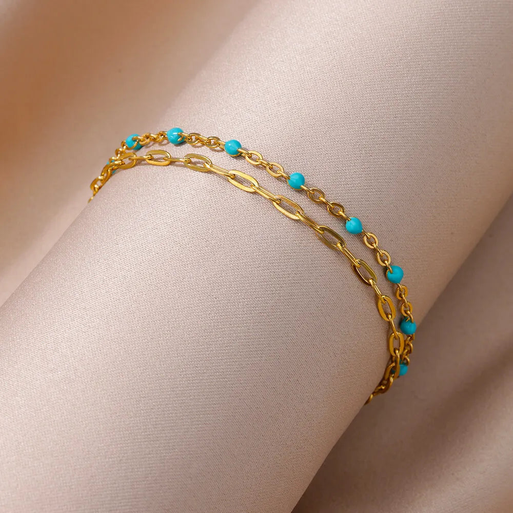 Blue Beads Vintage Anklet | Stainless Steel Summer Beach Jewelry
